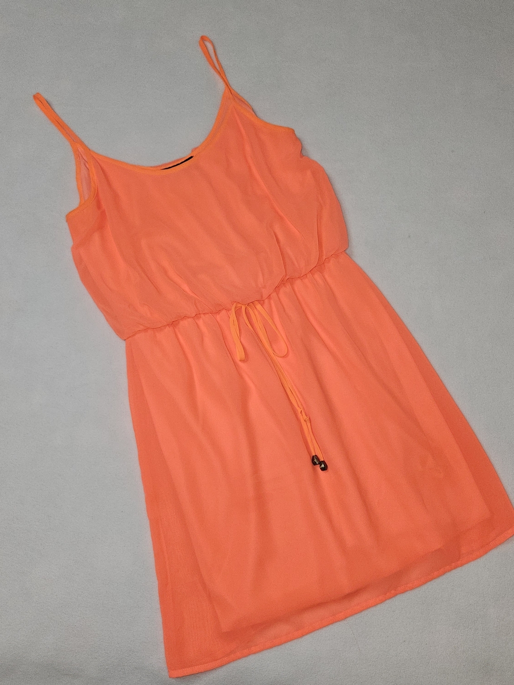City Triangles Neon Coral Chiffon Mini Sundress Boho Drawstring Waist Sz Medium